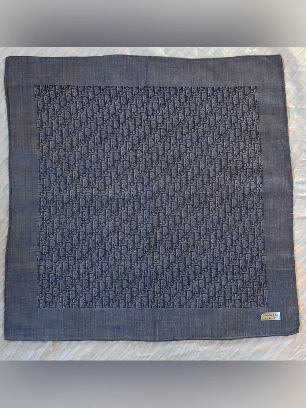 Authentic Christian Dior Trotter Monogram Handkerchief- Denim Blue 18x18
